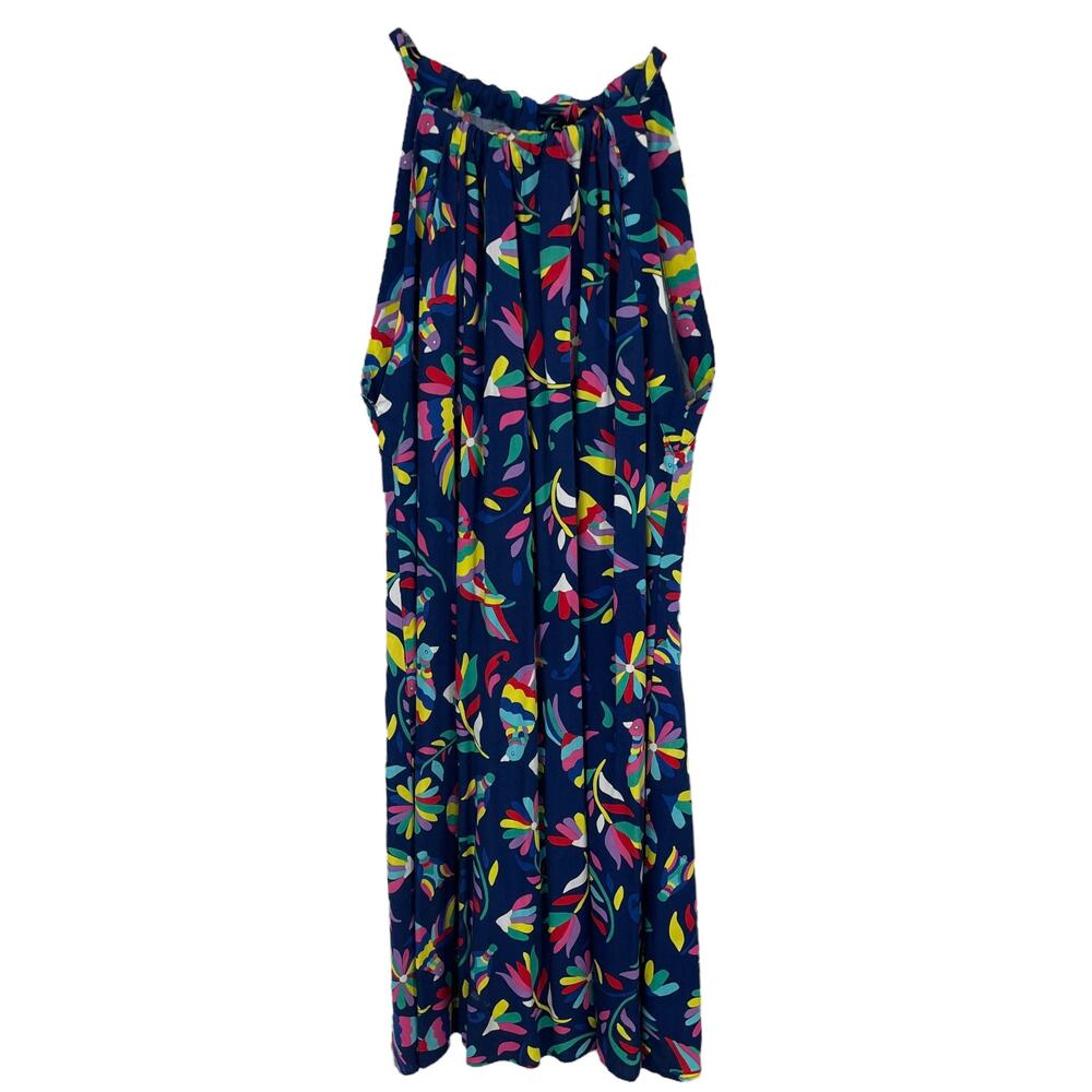 Escapada Living Halter Tie Neck Navy Multicolor Floral Bird Print Dress Medium